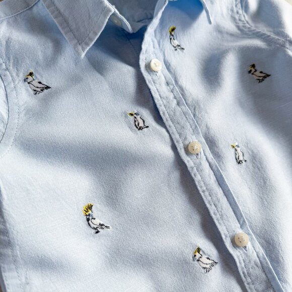 Janie and Jack Boys 2T Bird Button Down Shirt Light Blue Embroidered Linen Blend - Picture 5 of 9